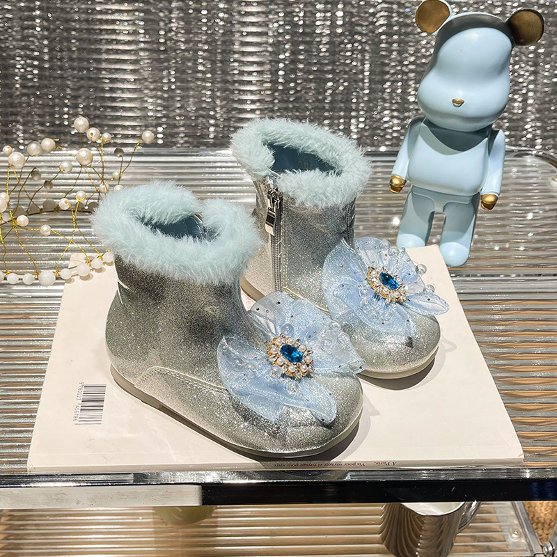 女童皮靴2025秋冬季新款儿童水晶公主靴新年加绒棉靴宝宝防滑棉靴
