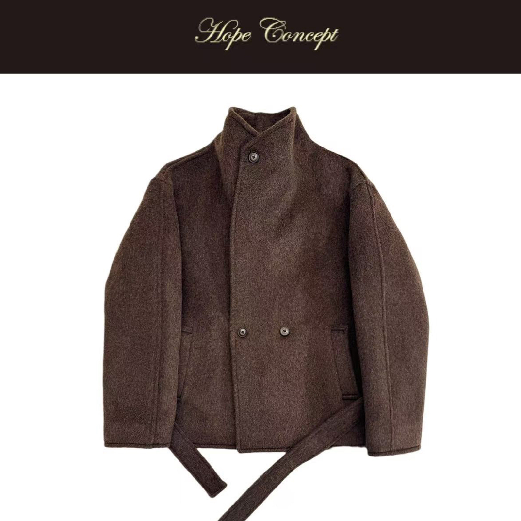 25463#极简老钱风轻奢桑蚕丝牦牛绒羊毛荡领时髦气质立体廓形大衣