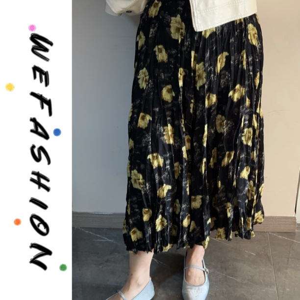 【WE】 法式复古黄咖印花褶皱中长款A字半身裙