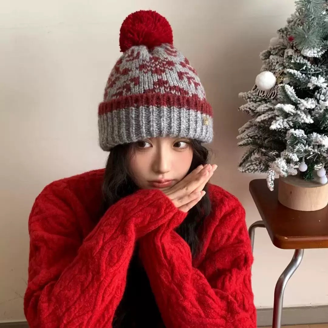 韩代加厚雪花图案费尔岛毛球针织帽复古提花保暖毛线帽