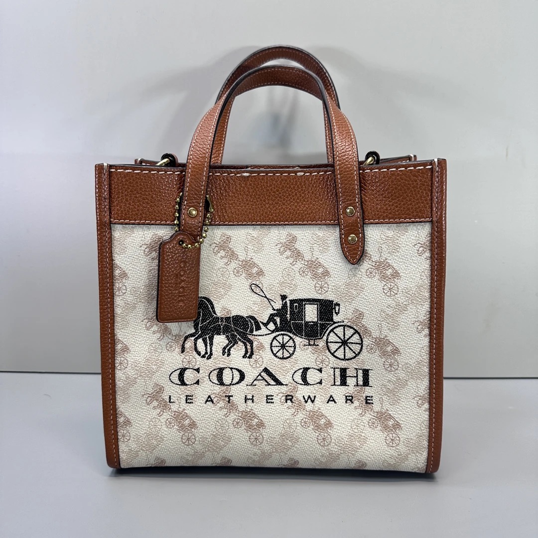 95新 COACH/蔻驰 field22棕拼白马车方托22*20*10cmE020910