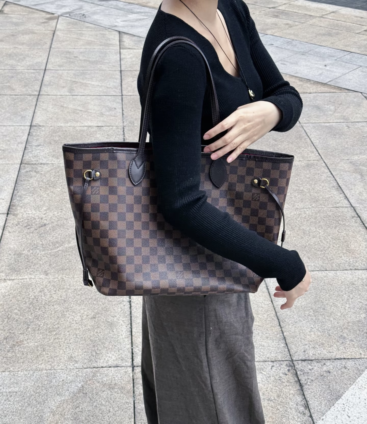 95新 LouisVuitton/路易威登 修复品LV棕棋盘格购物袋中号NF