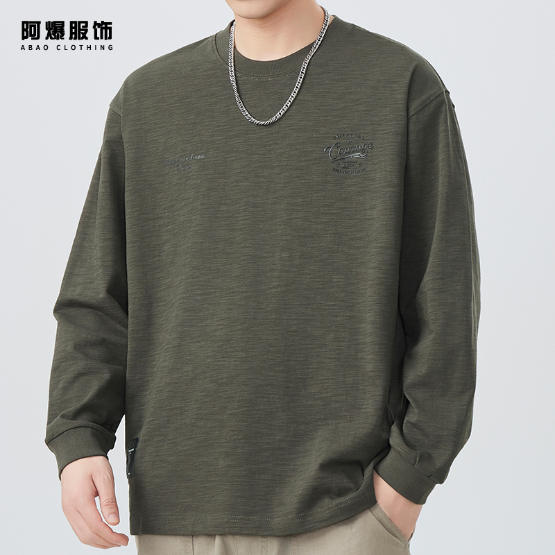 【阿爆服饰】重磅竹节棉印花长袖T恤男士2025春秋宽松大码圆领卫衣