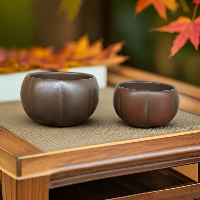 广西钦州坭兴陶 董焕大师手工制作仿生南瓜杯子母杯一对