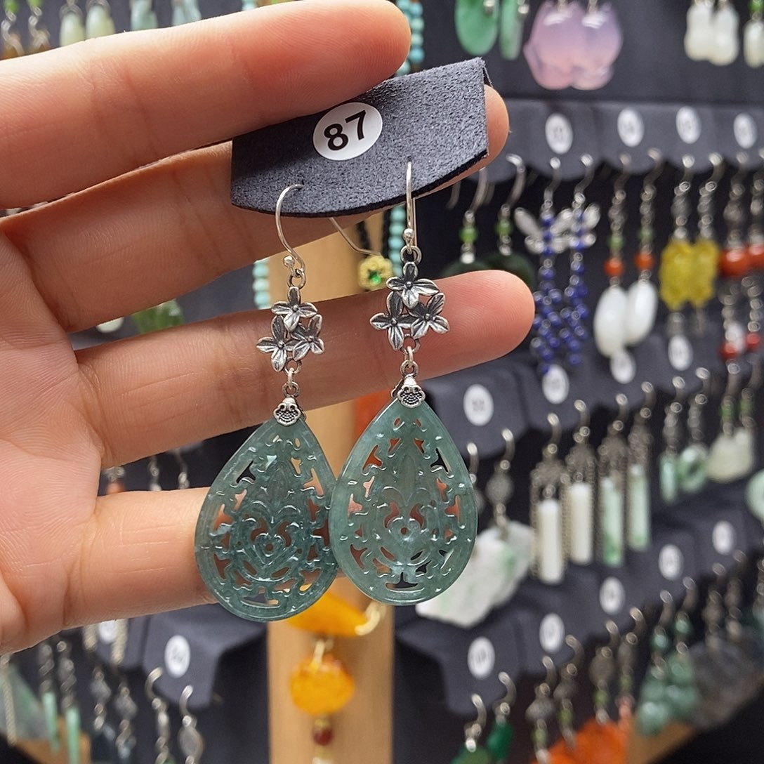 萍***缝翡翠银S925镶嵌耳饰