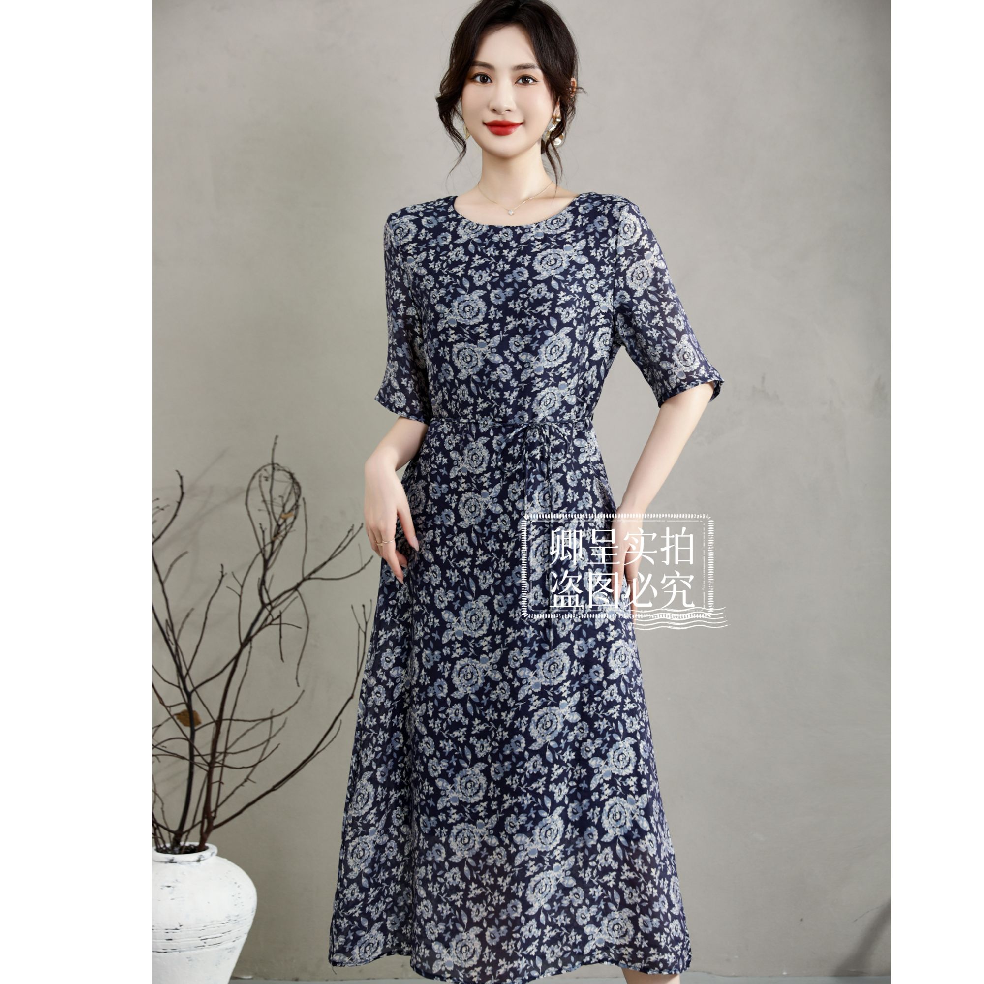 【卿呈新中式】【藏青宝相花】Q3041圆领中袖双层有里布仿真丝连衣裙