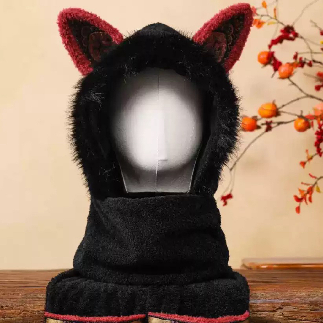 【精灵】千椿物喜刺绣毛边保暖连体帽带袖套冬季加厚护耳防风帽子