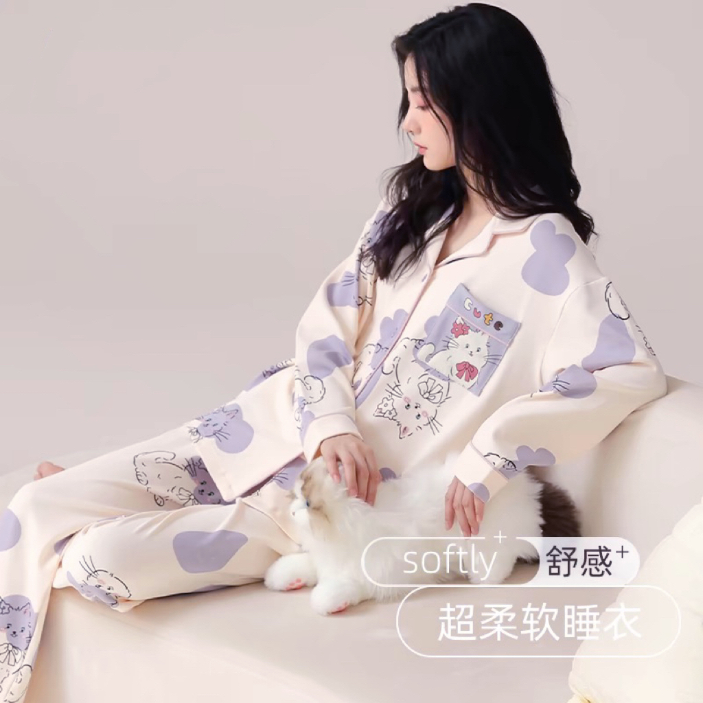 【H044】春秋紫色K小猫长袖长裤+胸垫【开衫款】