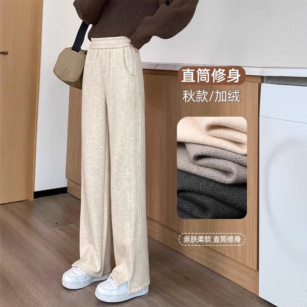 2025新款人字纹毛呢开叉香蕉阔腿裤女秋冬季九分大码直筒休闲裤女