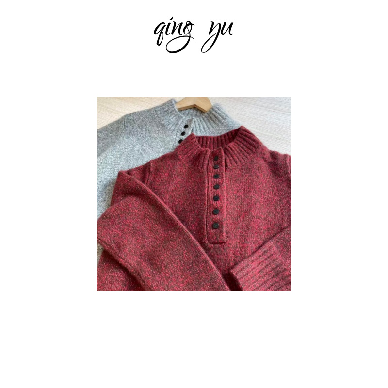 【康宝莱～白厂丝】桑蚕丝山羊绒衫半开领厚款花纱针织打底衫