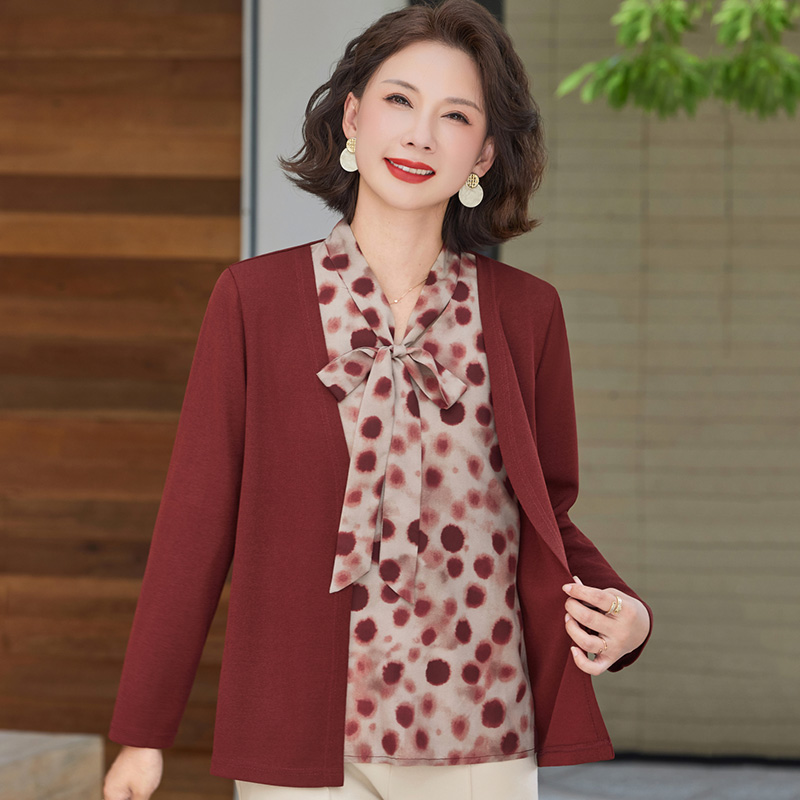 中老年春秋假两件上衣女长袖洋气妈妈装女装薄款外套打底T恤宽松