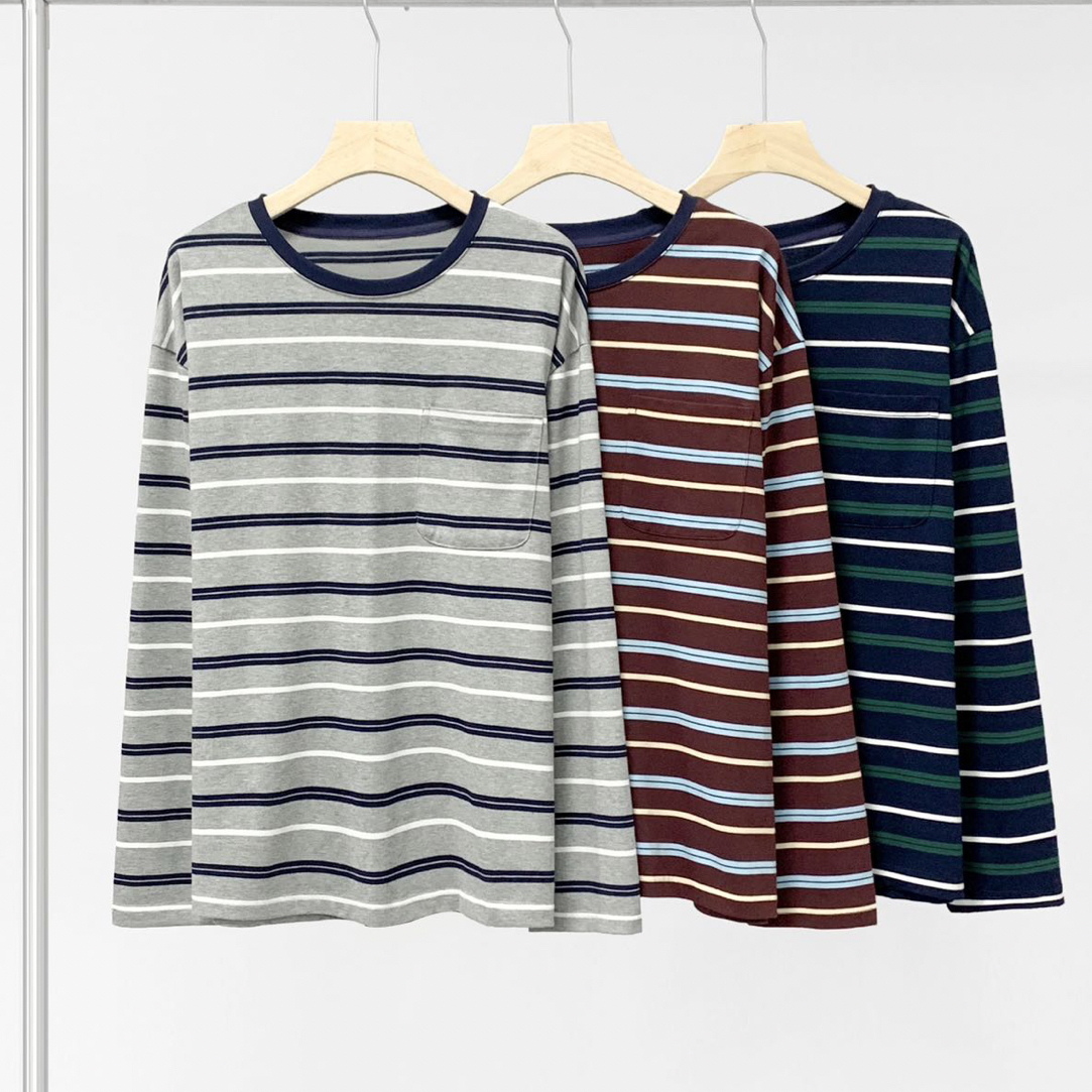 福利款-秋季新款韩系百搭宽松撞色条纹长袖T恤打底T