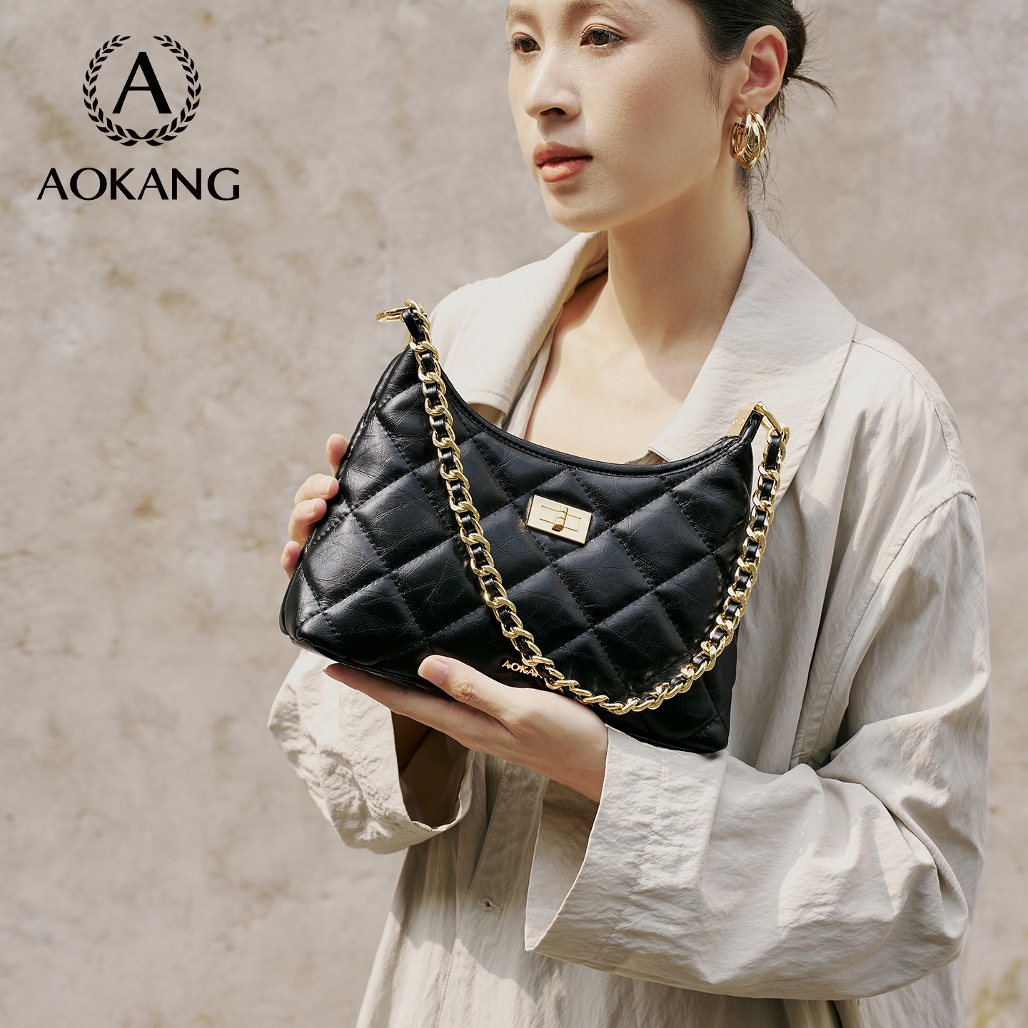 奥康2026新款时尚质感菱格链条包高级百搭通勤单肩斜挎包3489-DB