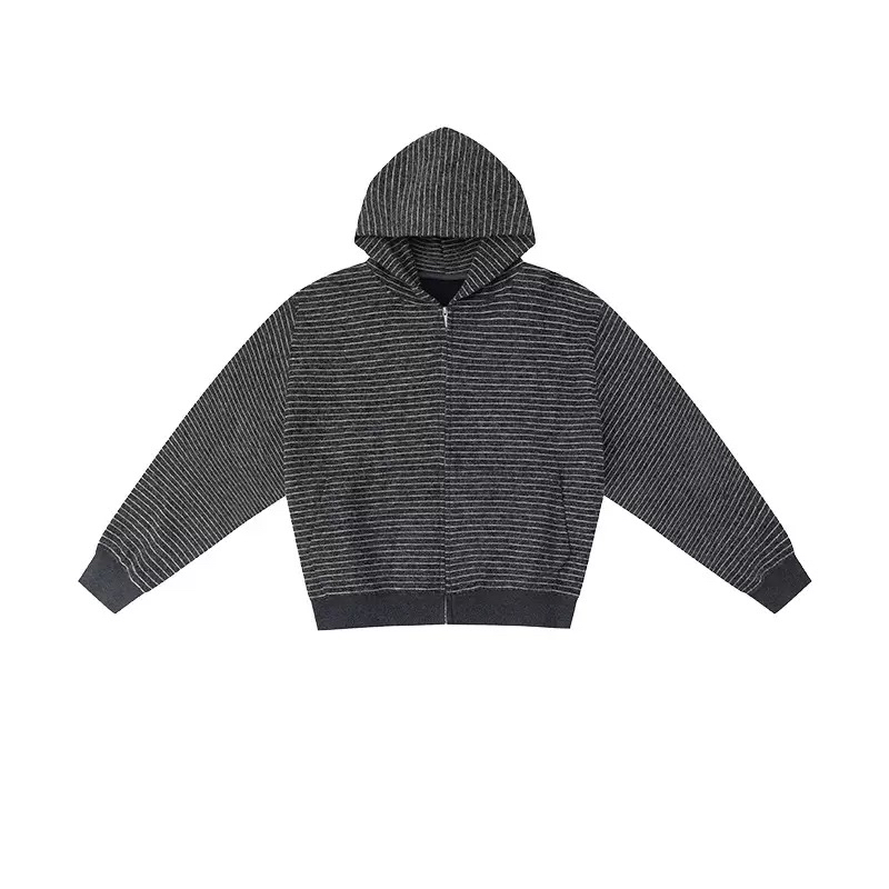 秋季休闲宽松条纹连帽拉链卫衣外套男女通用潮款