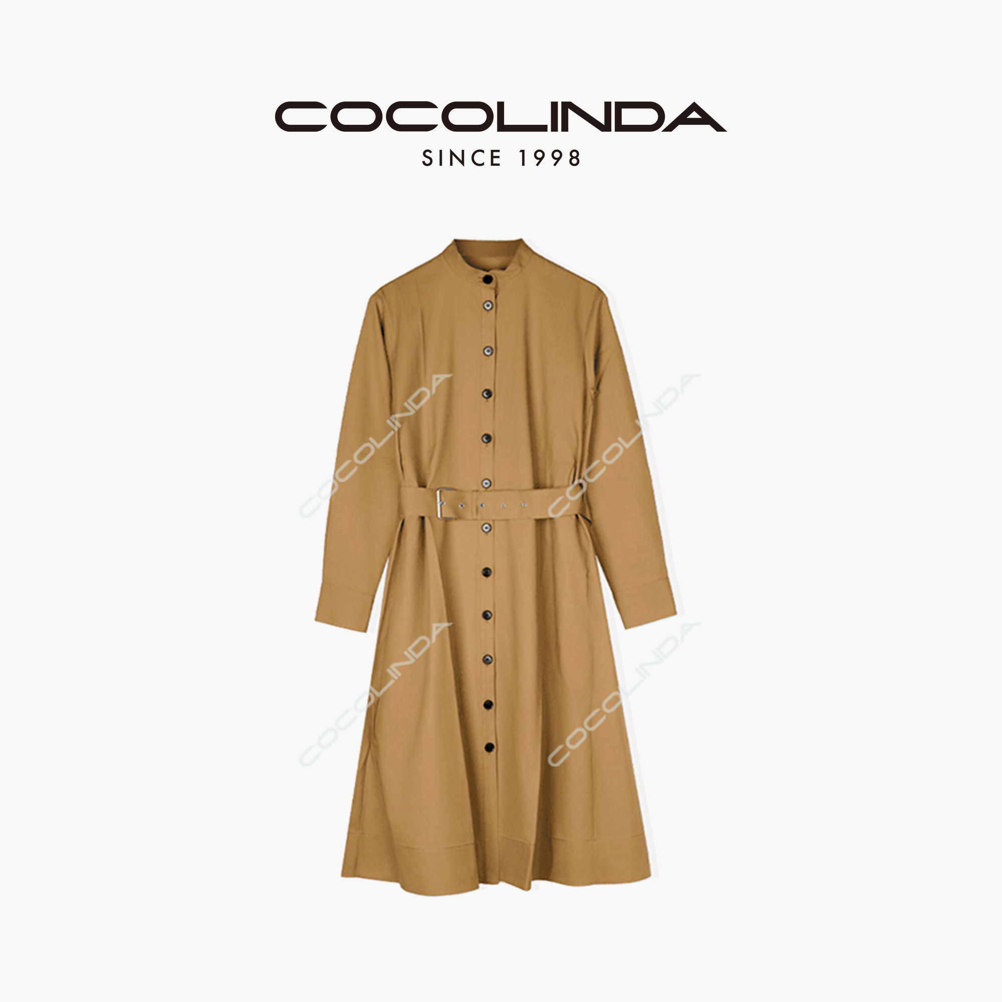COCOLINDA | 丝棉混纺 系腰带立领中长款衬衫风衣外套 C1352