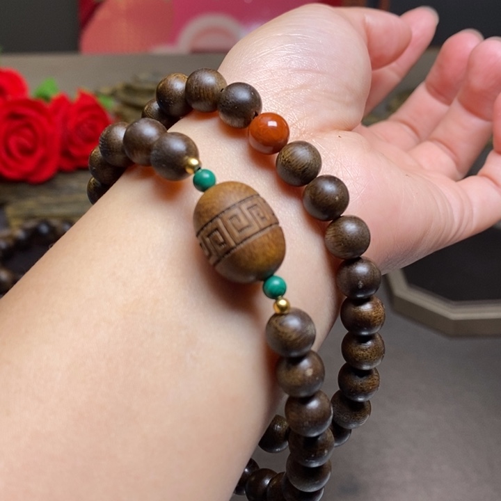 沉香手串越南芽庄古董紫棋楠0.8➕红土沉香木雕设计配饰