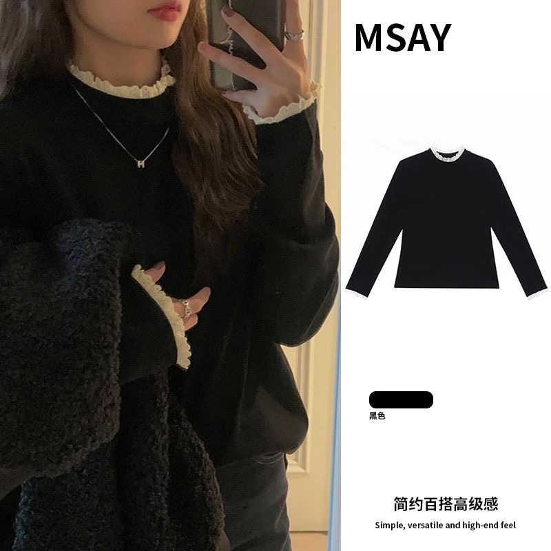 冬季德绒上衣ins保暖显瘦打底衫女内搭蕾丝边拼接半高领长袖T恤