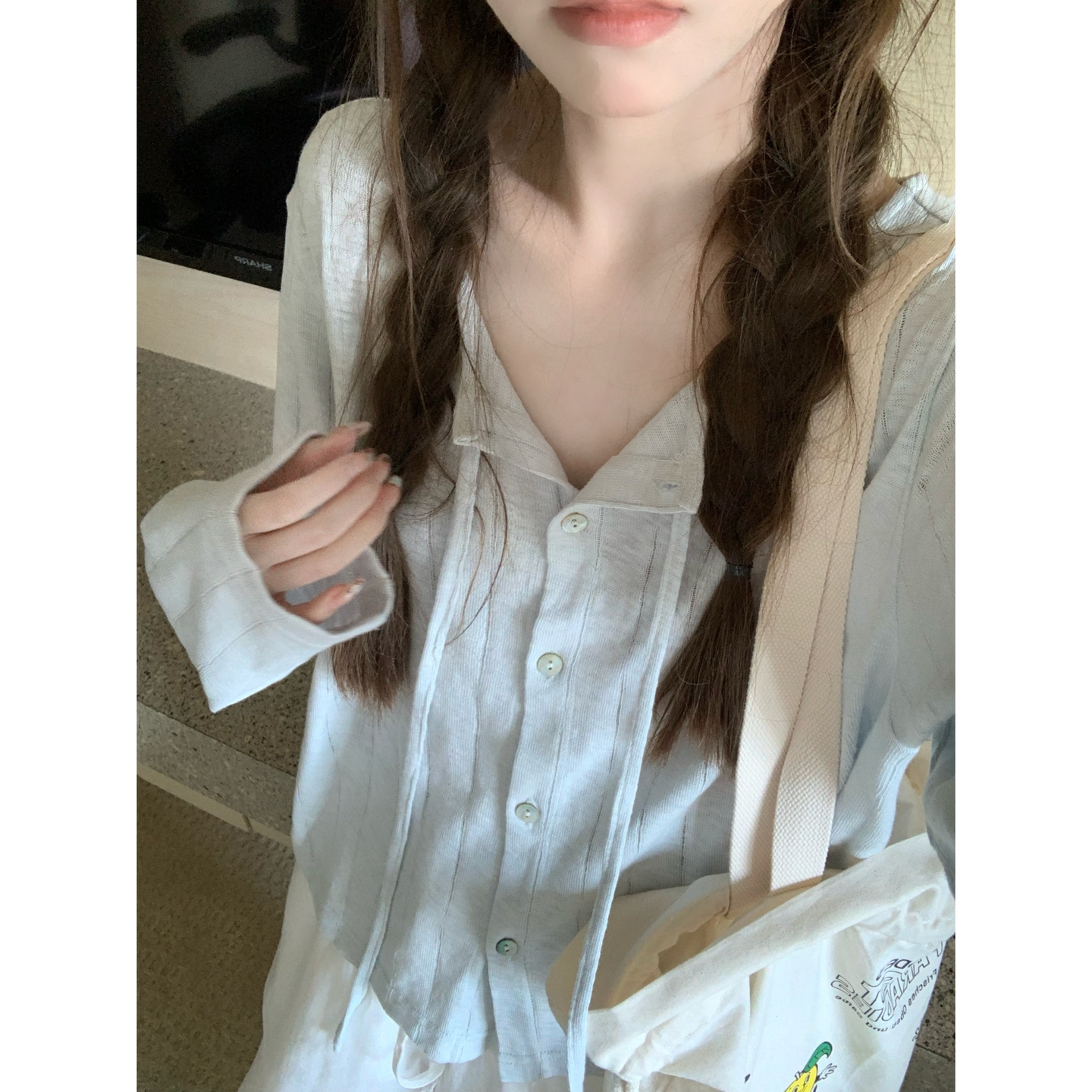 韩系甜美雾蓝色针织圆领开衫女早秋新款宽松显瘦百搭休闲上衣女