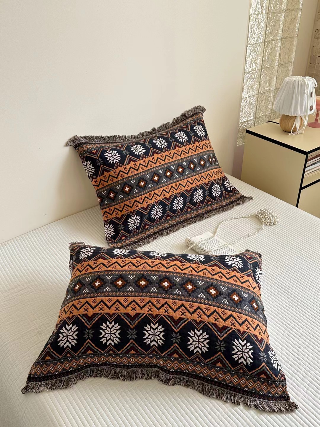 摩洛哥纯棉纱布枕巾一对装轻奢民族风透气枕头巾全棉流苏枕头盖巾