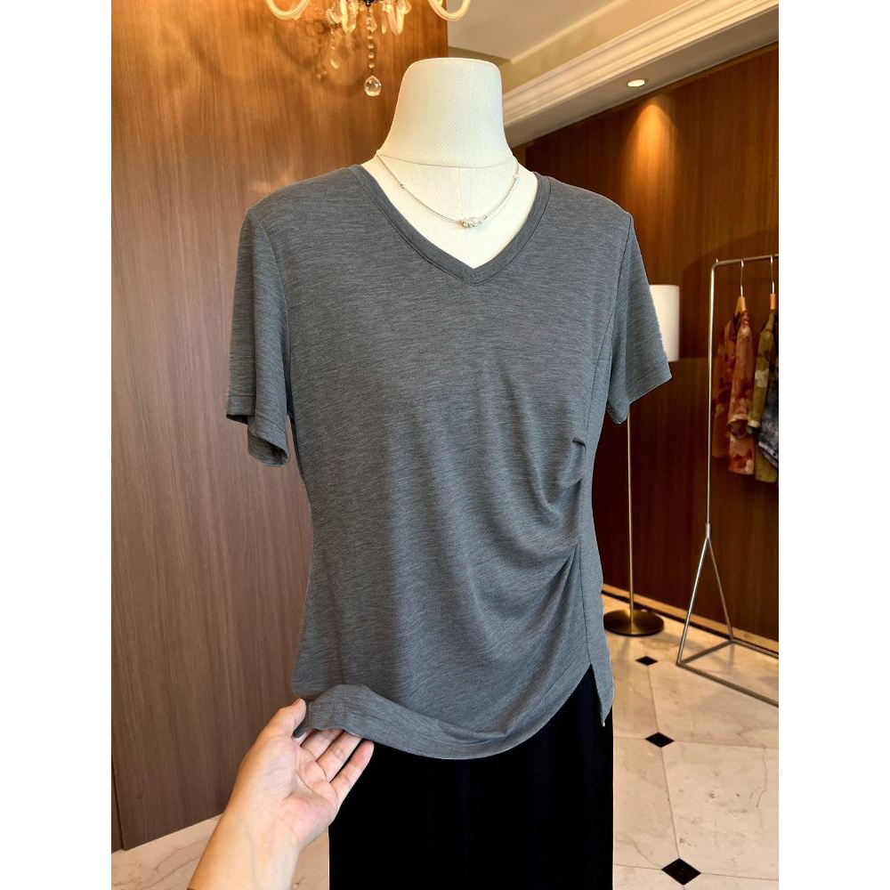 时尚V领褶皱不规则短袖灰色1807