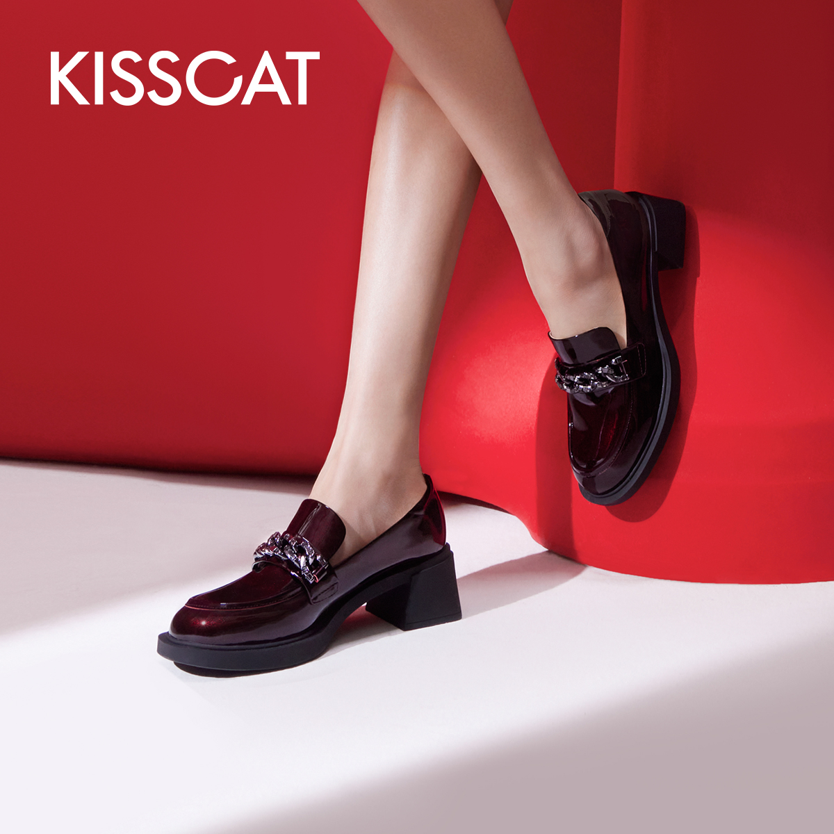 【达人专属】接吻猫新款真皮百搭牛皮圆头厚底星空乐福鞋KA53120-54