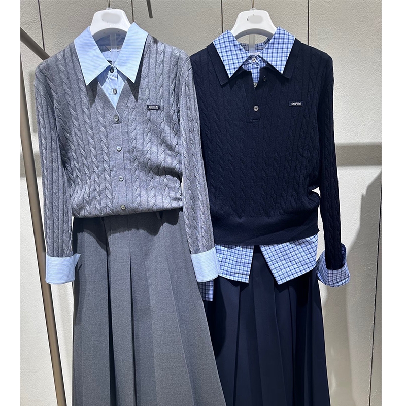 商场款2025秋冬新品百搭假两件拼接衬衫领针织衫毛衣女1G8333705