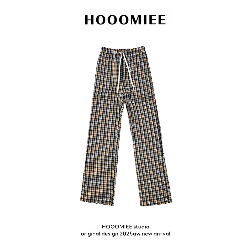 Hooomiee100天丝美式千鸟彩拼时尚潮流搭配女士格子休闲裤220019
