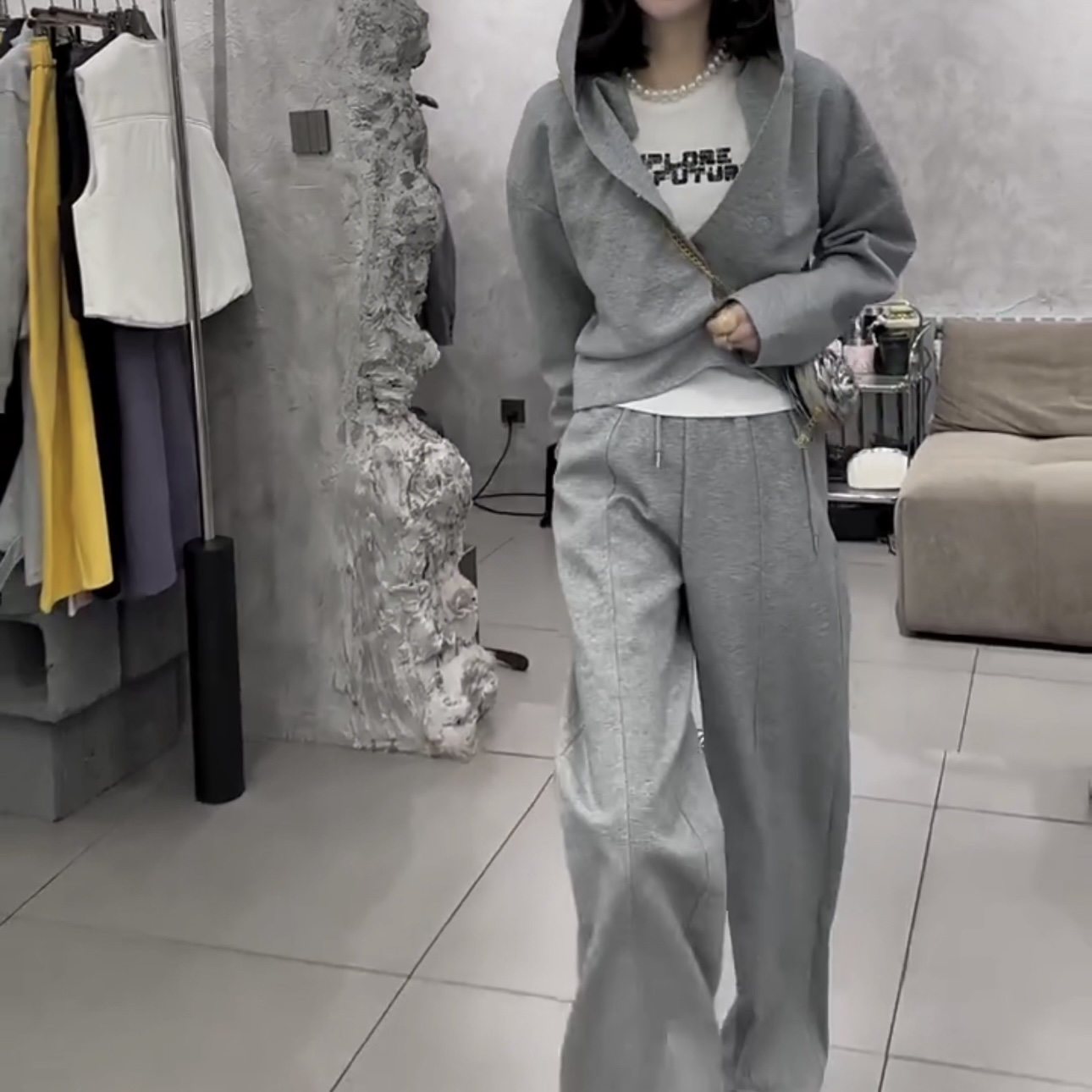 2025欧洲站高级感灰色时尚套装女春季新款连帽卫衣阔腿长裤两件套