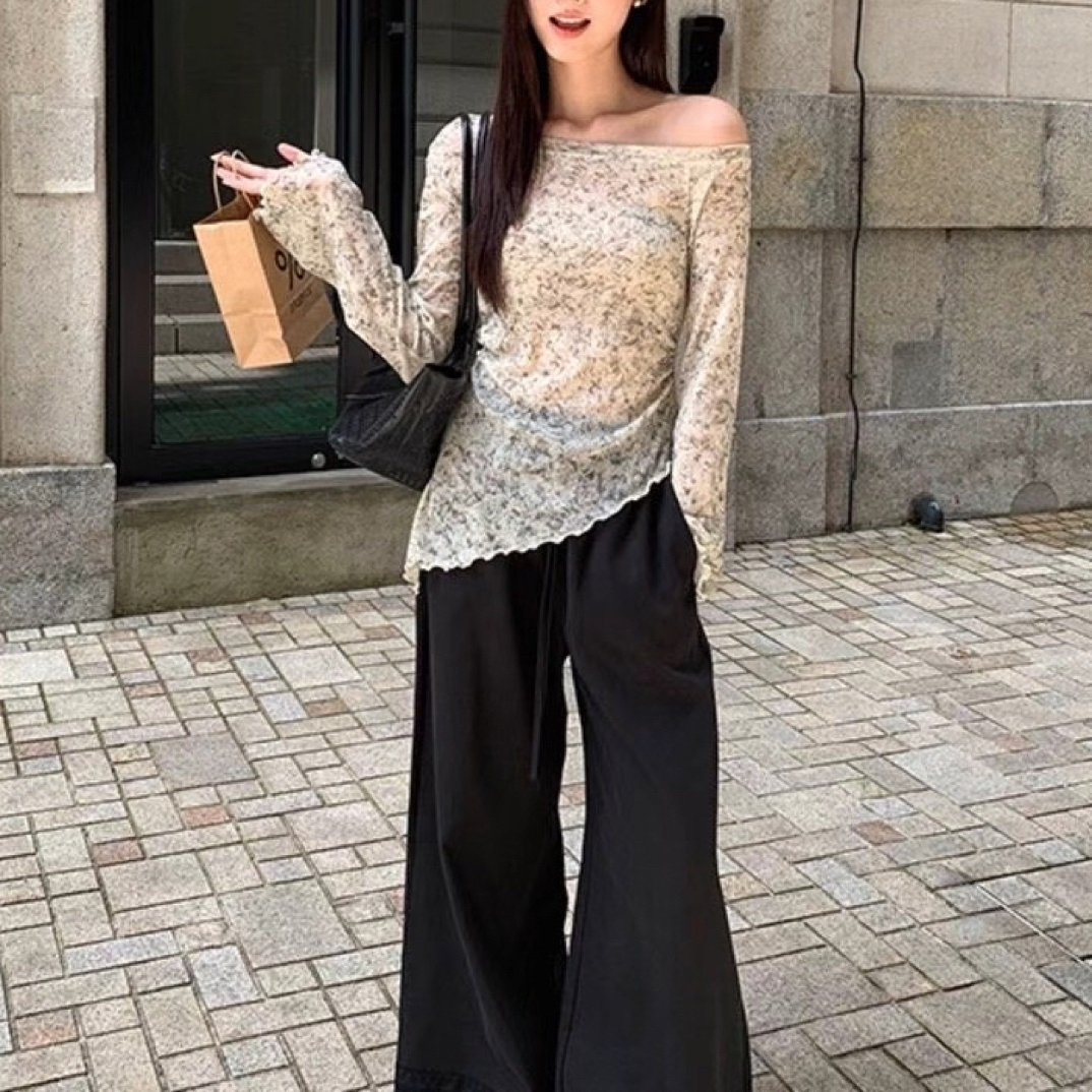 秋季高级感斜肩晕染复古开叉设计气质不规则下摆上衣小衫