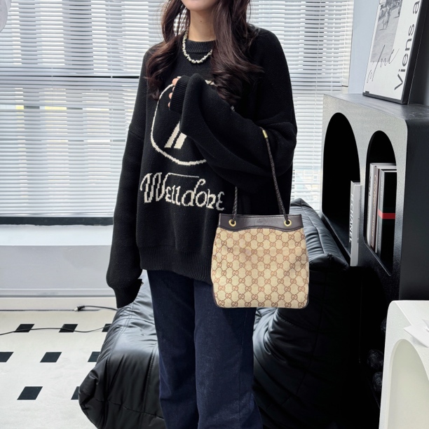 95新 GUCCI/古驰 K465老花单肩包网红针织轻奢短款时尚休闲小众