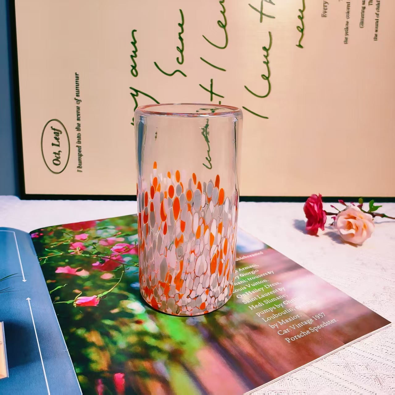 【可尔】橙色料波点直筒玻璃杯家用喝水牛奶杯茶杯啤酒饮料杯微瑕