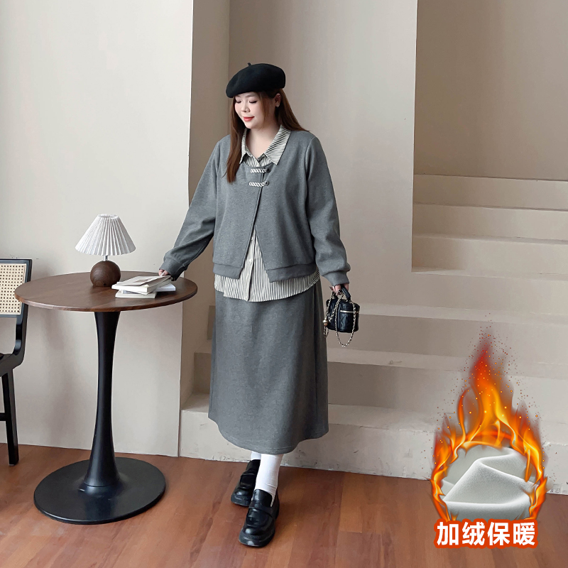 CD6575大码女装【高级感套装】秋冬季加绒假两件衬衫卫衣高腰半身裙