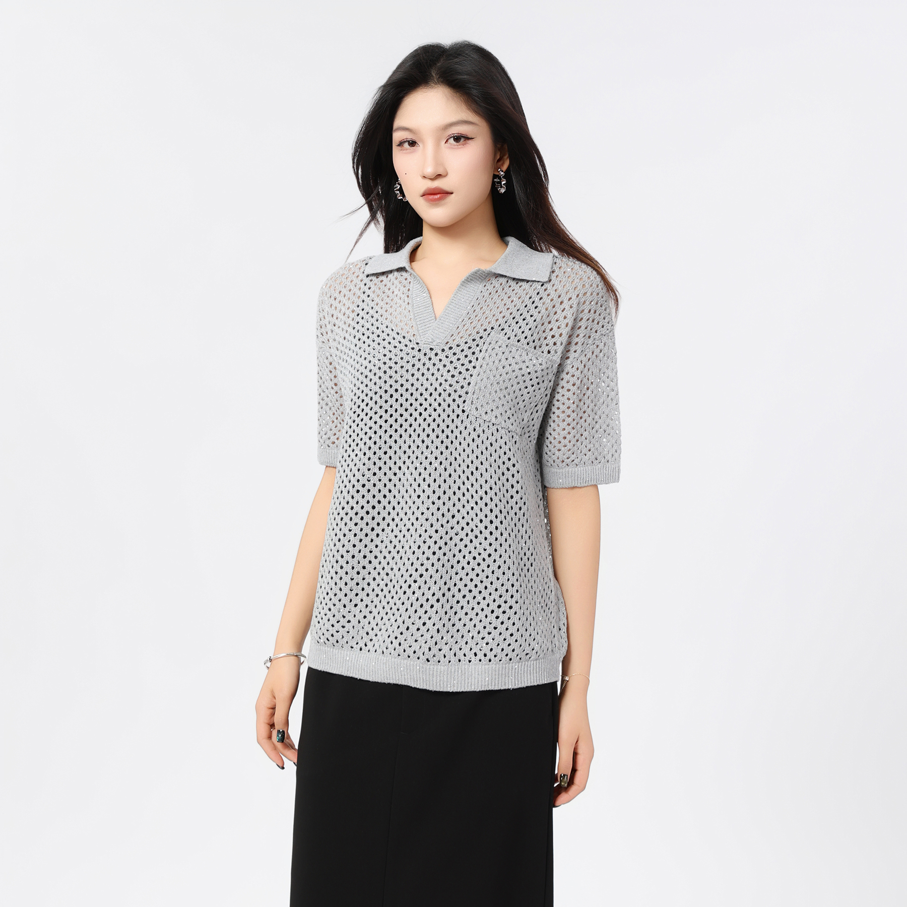 AMASS/阿玛施新款镂空百搭短袖T恤气质设计款简约Polo衫女538008