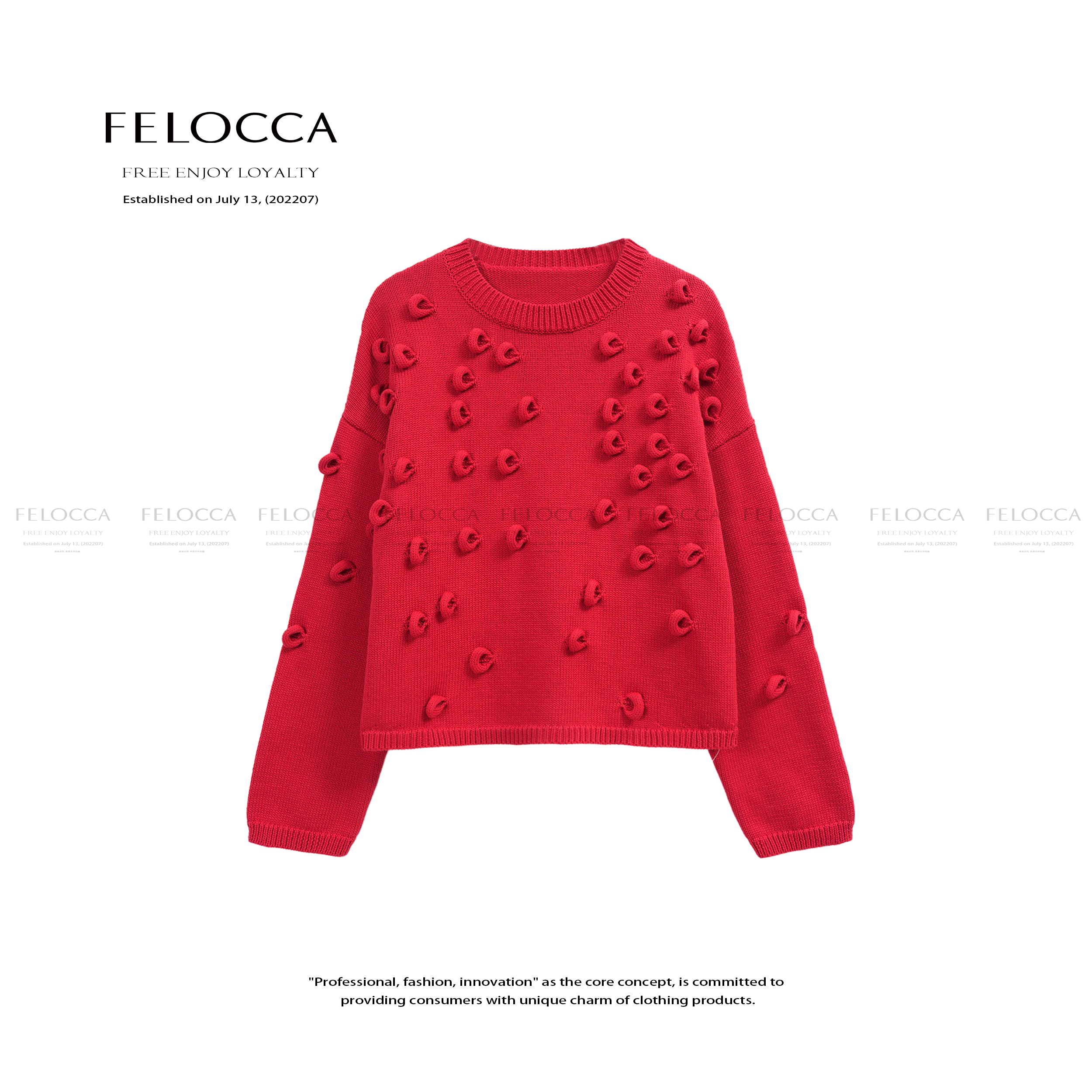 【FELOCCA】宽松显瘦高级感休闲气质红色圆领长袖落肩毛衫25AMZ721