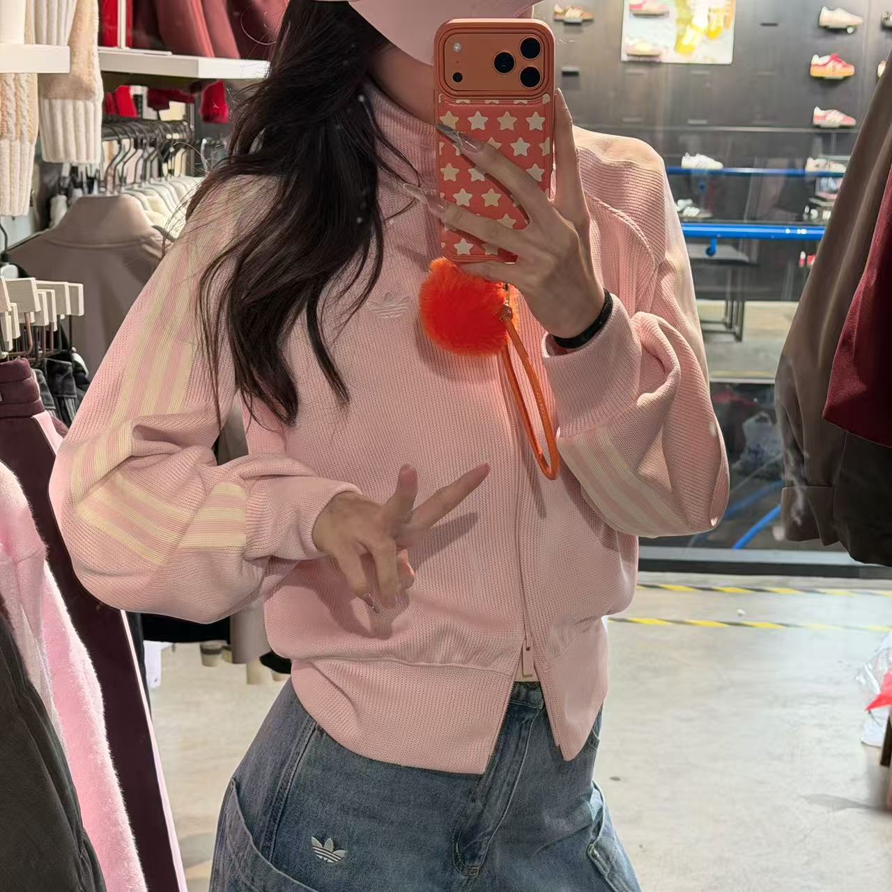 adidas 三叶草时尚百搭休闲女士运动粉色立领夹克外套KQ5489