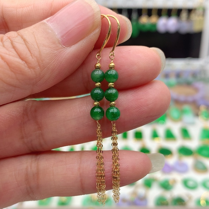 九***俏翡翠18K金镶嵌耳饰