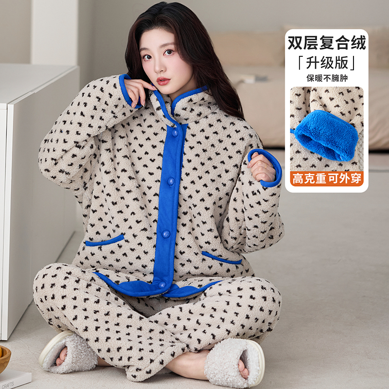 睡衣女秋冬季双层复合加绒加厚珊瑚绒女士法兰绒可外穿家居服套装