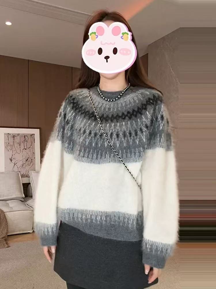 【鑫绒毛衣】拼色毛针织衫网红圆领秋冬加厚女士针织衫Y777-A856