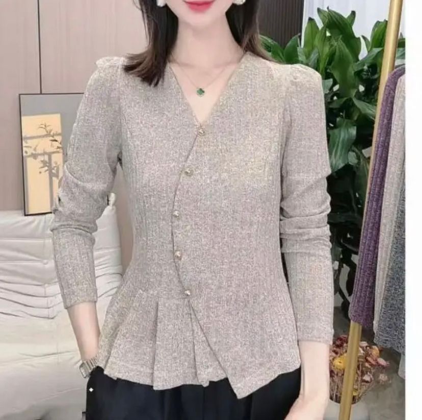 春秋新款时尚洋气百搭宽松显瘦气质v领女士长袖上衣打底衫 捏褶款