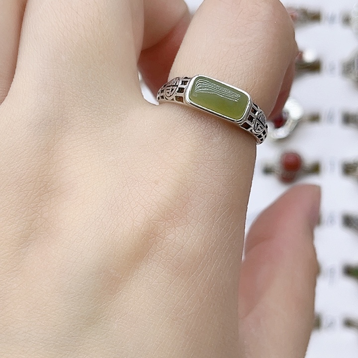 和田玉戒指银S925镶嵌天然