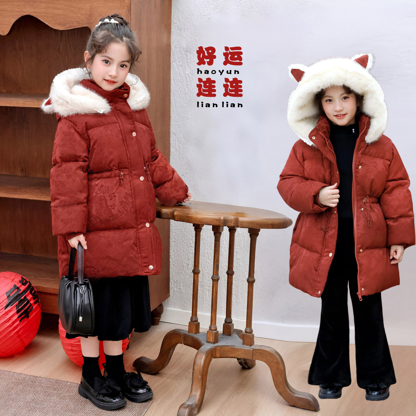 拜年服冬季连帽棉服女童喜庆童装加厚洋气儿童新年装外套