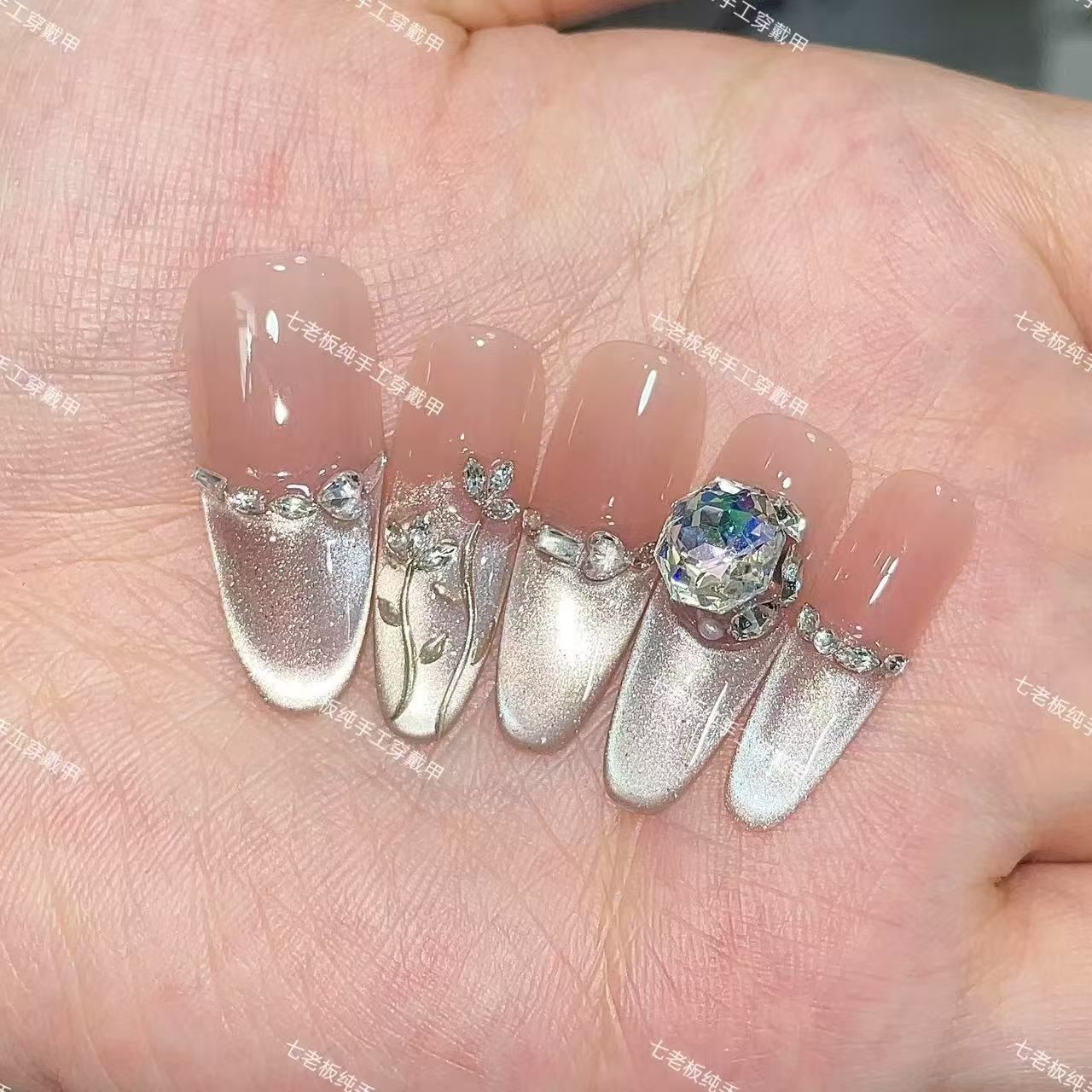 【花漾倾城】纯手工甲光疗甲冰透渐变四季流行10片穿戴甲中长款