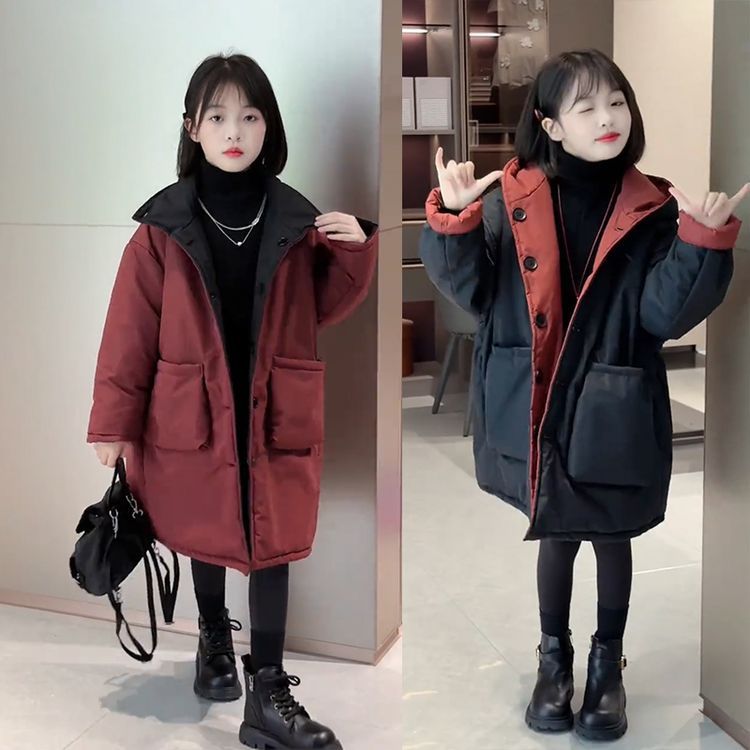 连帽棉袄中长款极简风韩版长款轻职风加厚棉服中大女童加厚现货优