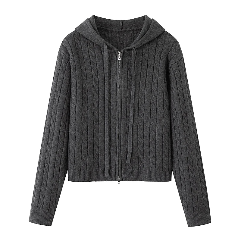 MM商场同款2025秋新款时尚气质百搭灰色麻花连帽针织衫开衫女5771