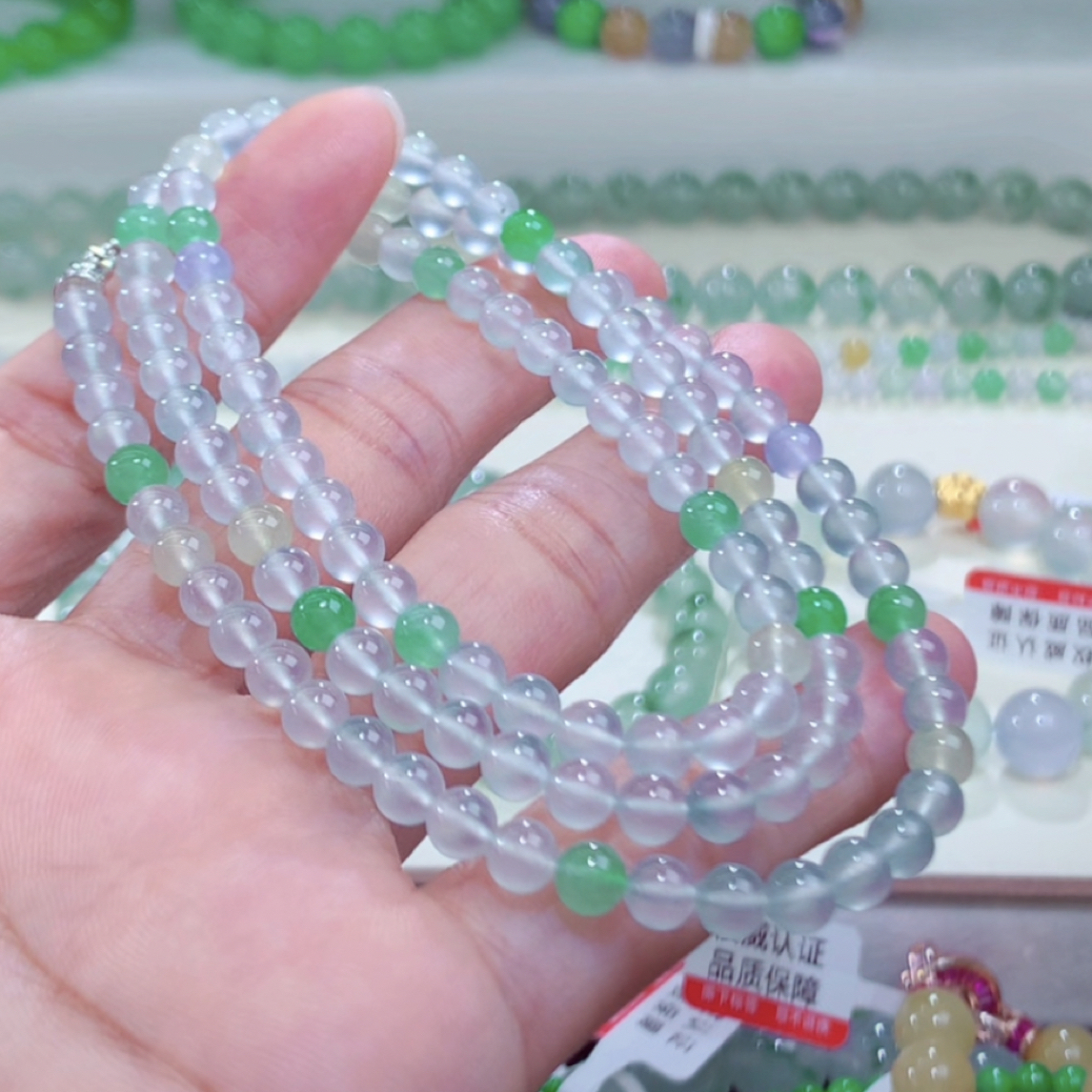 缅甸翡翠A货玻璃种马卡龙多宝圆珠卡5mm彩色长链项链