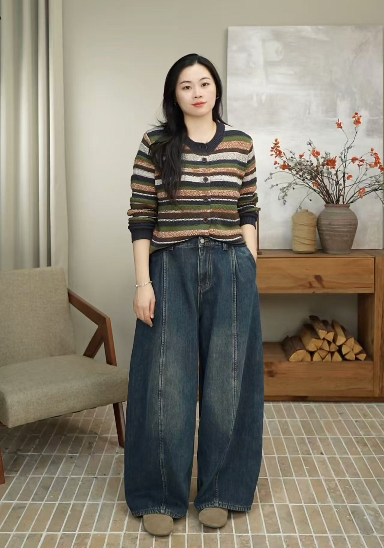 九月JIUYUE冬季加绒加厚牛仔宽松显瘦百搭阔腿灯笼长裤女 86115