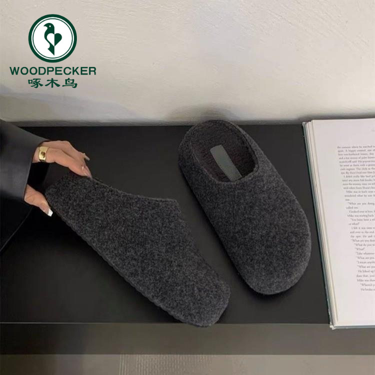 啄木鸟灰色复古内增高勃肯鞋女厚底小土豆加绒保暖包头毛毛拖鞋子