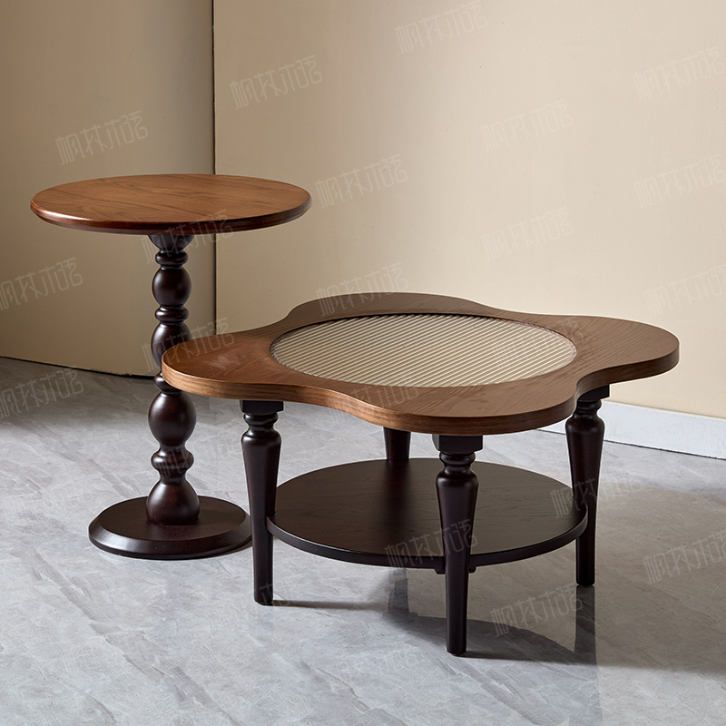 法式复古全实木圆形茶几组合中古家用客厅储物式边几园几小户型