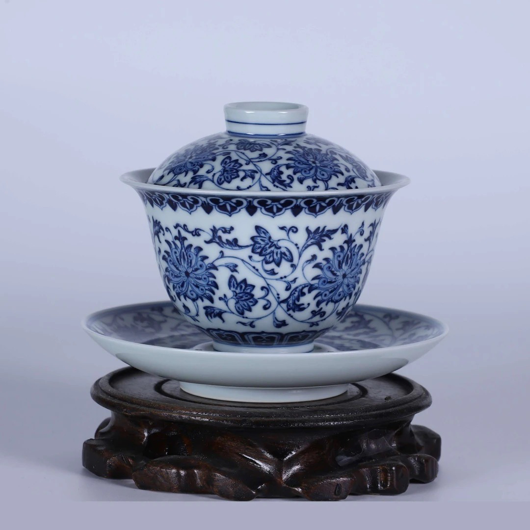 【翠岚斋】柴窑青花缠枝宝相三才盖碗手工中式瓷盖碗