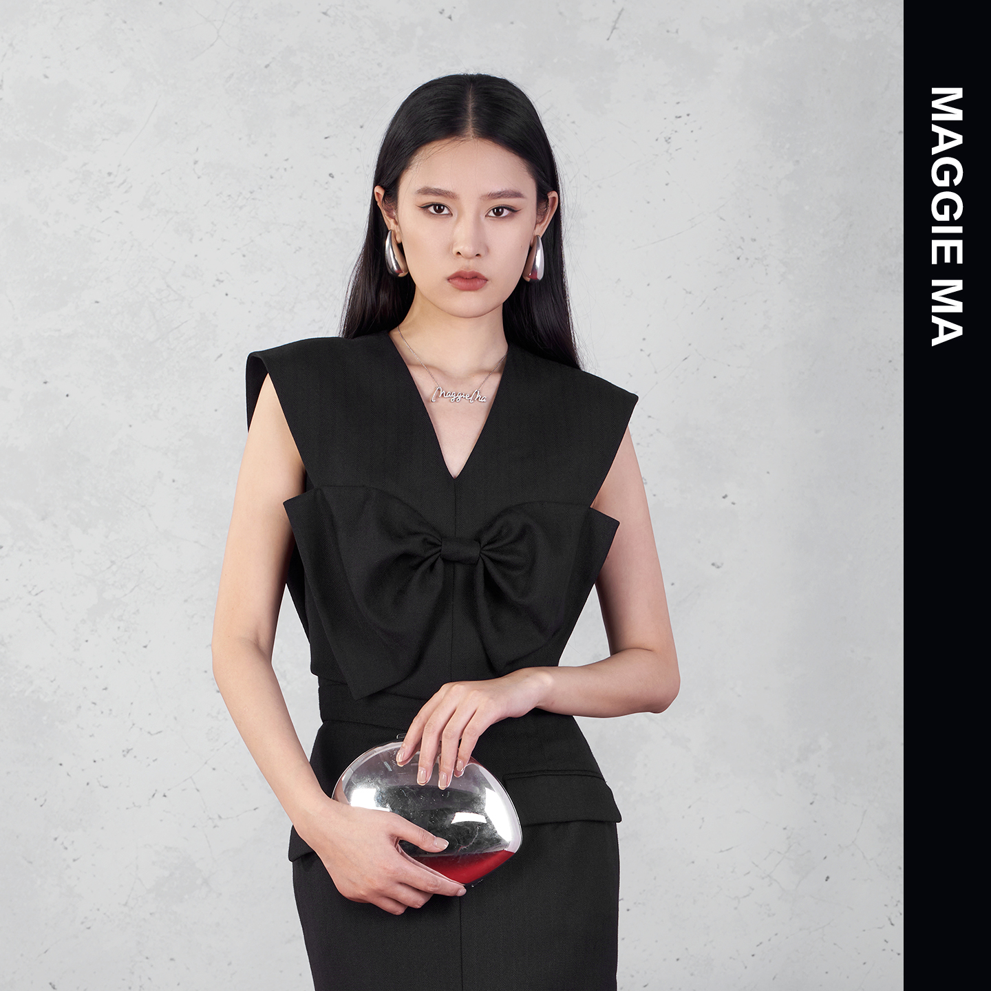 MAGGIE MA马婧设计师款黑色甜酷优雅大蝴蝶结无袖上衣417S